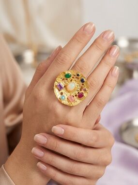 Handcrafted Turkish 24k Gold Plated Brass Multi-Stone Statement Cocktail Ring